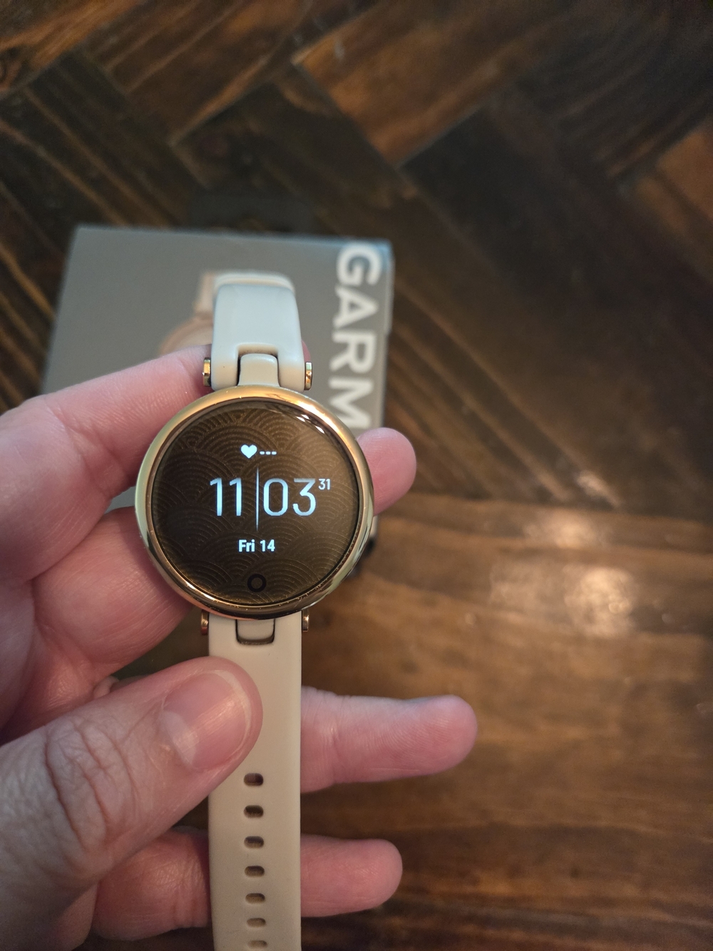 garmin beige smartwatch with rose gold